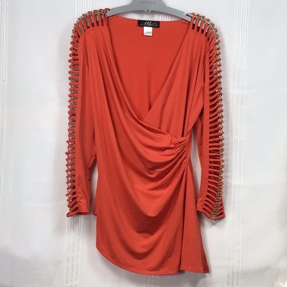 🪸MIDNIGHT VELVET Coral Gold Chain Long Sleeves Ruched Surplus Faux Wrap - Picture 7 of 7